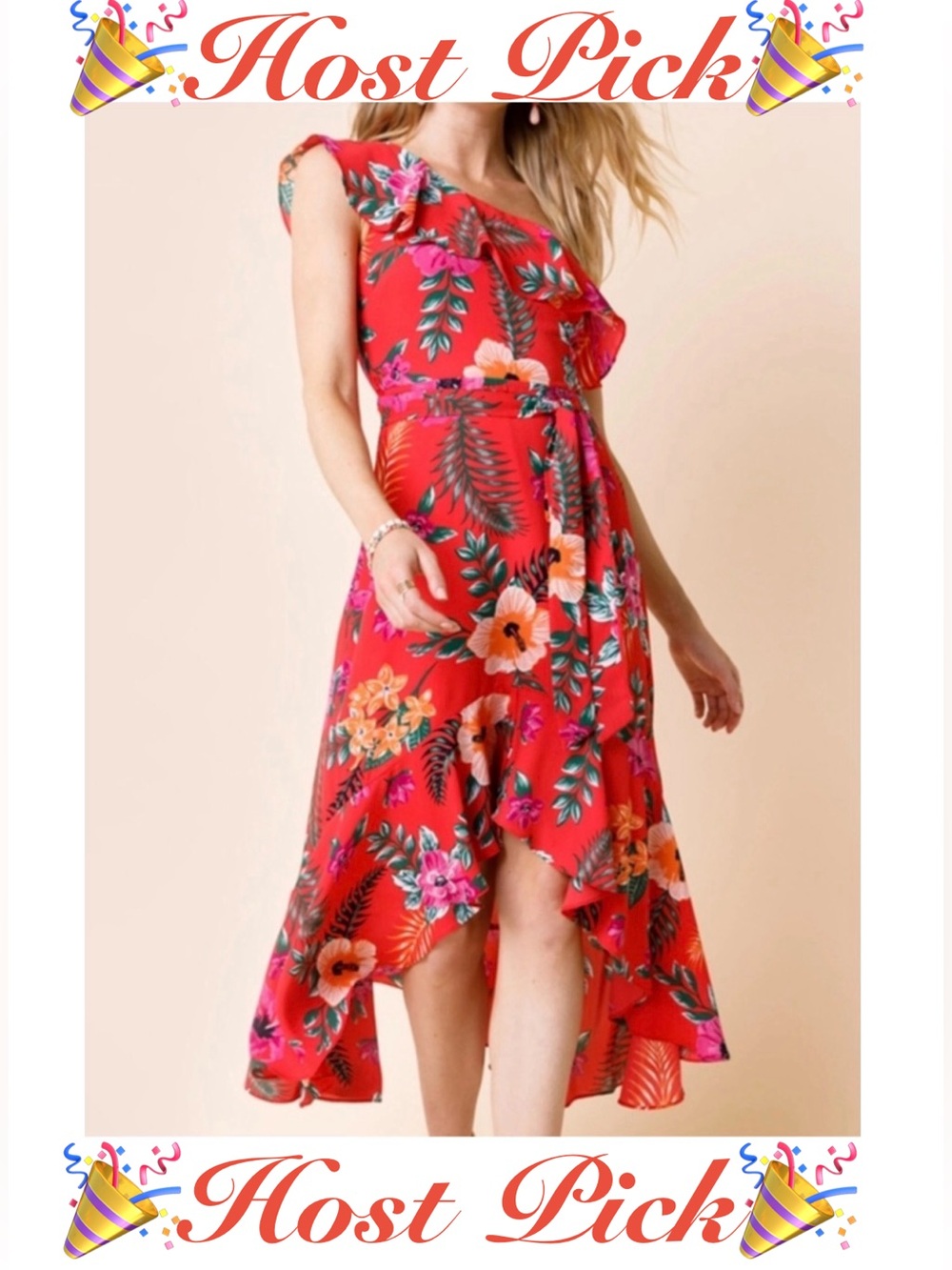 Mi Ami Red Floral One-Shoulder High-Low Dress